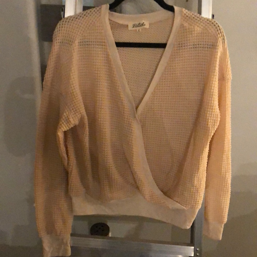 Beige draped V neck waffle long sleeve size small